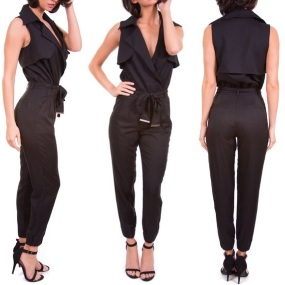 Black V-Neck Tie Waist Jumpsuit - Picture 2 of 7
